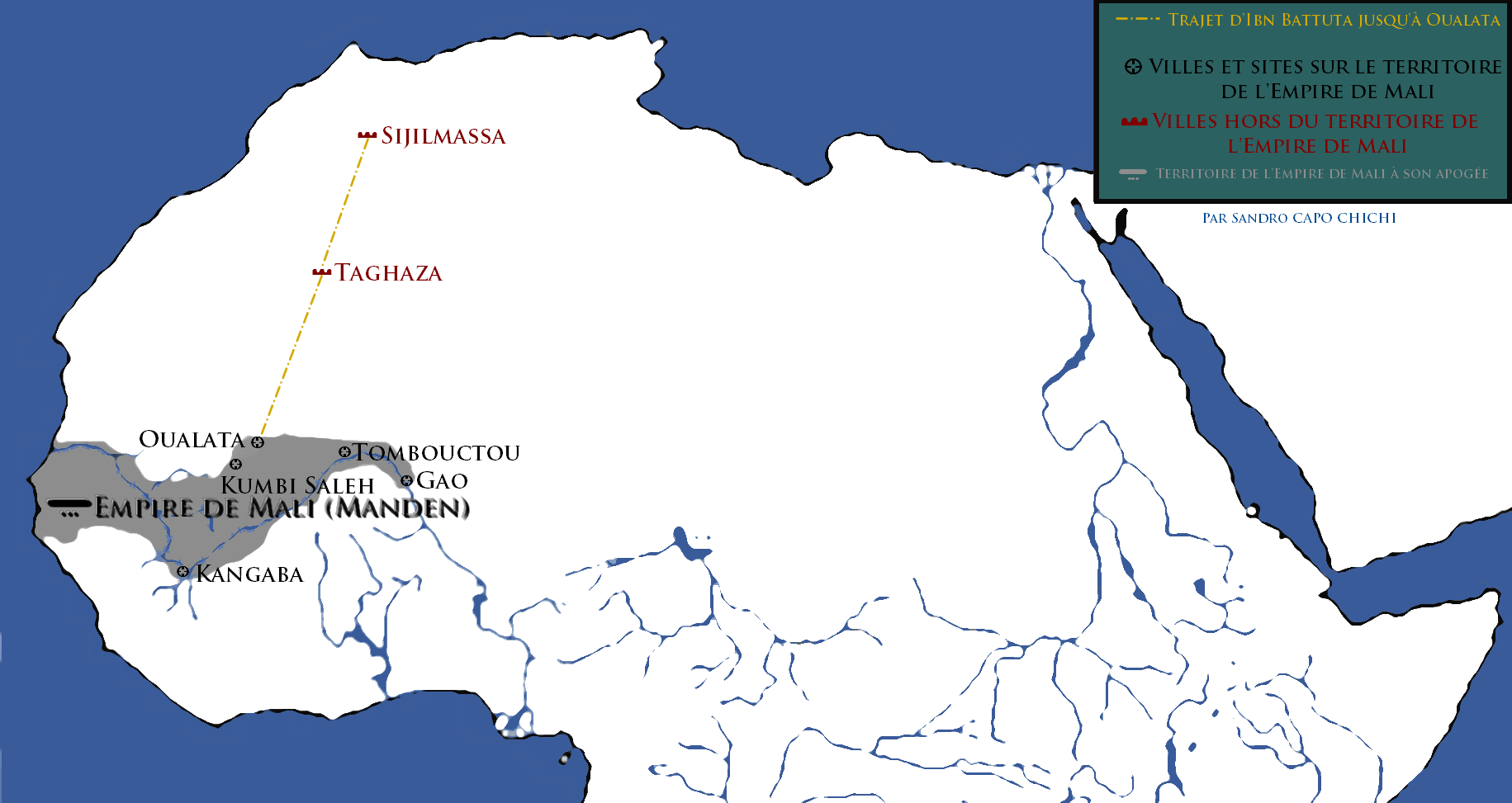 Le statut de la femme dans l'Empire de Mali : Carte représentant l'Empire de Mali à son apogée et le trajet d'Ibn Battuta de Sijlmassa jusqu'à Oualata