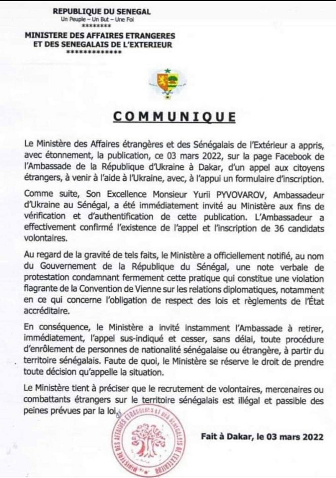 Dakar condamne l'ambassadeur ukrainien après son appel aux "bénévoles" Africains pour la guerre